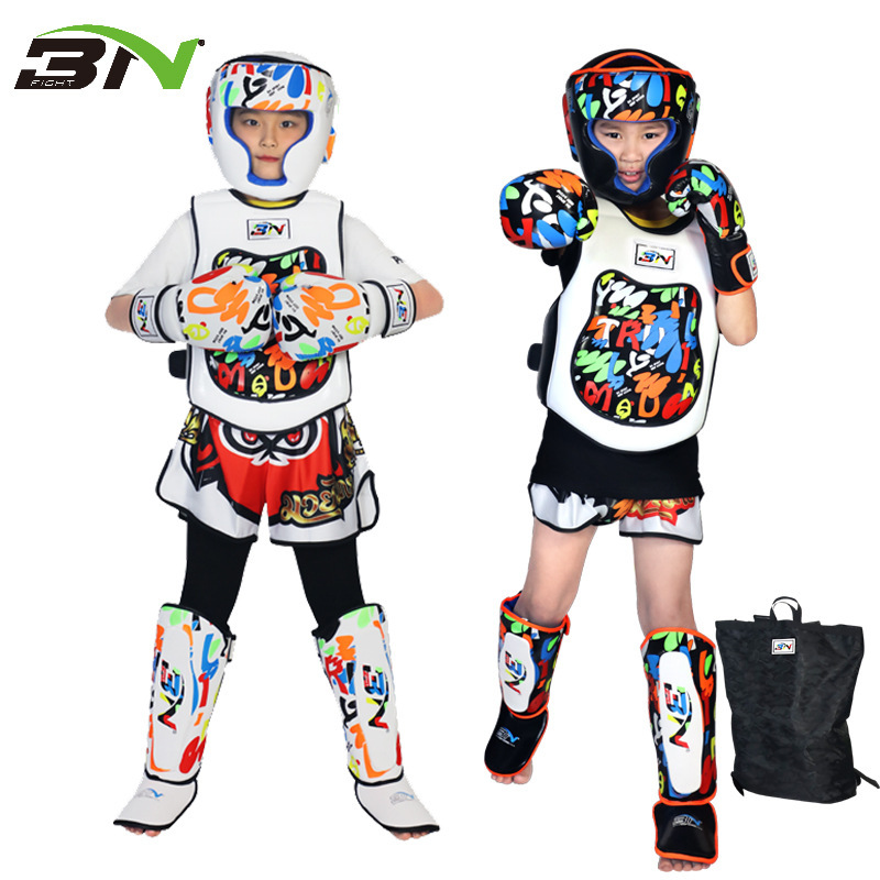 BN New Sanda Equipment Fighting Muay Thai Sports Protector Combination suit Children's Knuckles Leg Protector Head Protector Crotch Protector