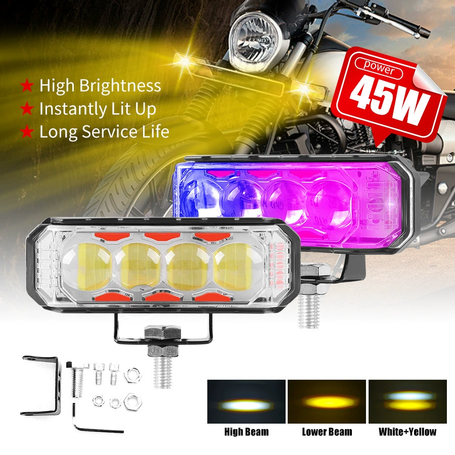 Strong light 4LED car light with aperture motorcycle spotlight white and yellow three-sided light red and blue light burst external modified light