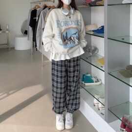 黑白格子休闲裤女宽松束脚春秋束口哈伦裤裤子复古百搭格纹裤