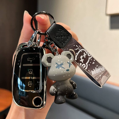 Kong x1 Borui high-grade buckle shell — Car key bag - geely-c-folding-3-keys-single-shell-black-gray-violent-bear-pendant