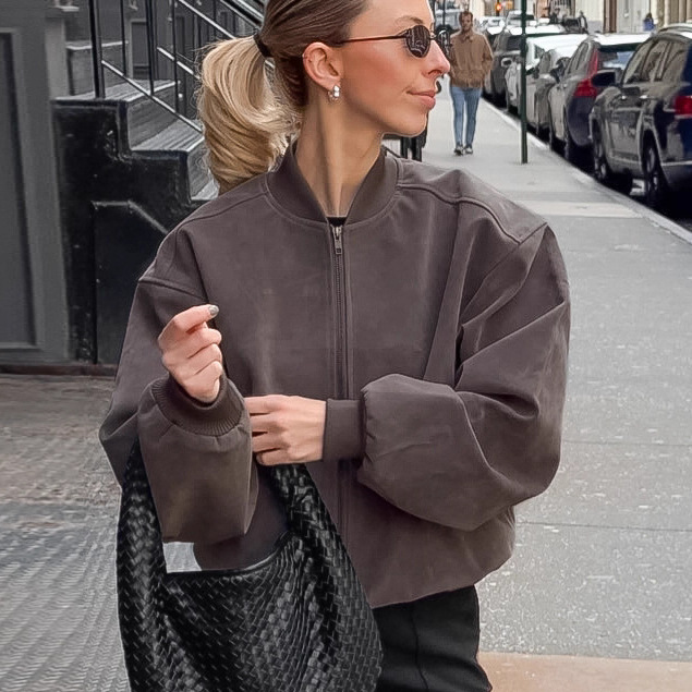 Gray Jacket for Women, Melard Autumn and Winter Retro Suede American High Street Style, Stand Collar, Long Sleeve, Pilot Zipper Jacket Gray Jacket for Women, Melard Autumn and Winter Retro Suede American High Street Style, Stand Collar, Long Sleeve, Pilot Zipper Jacket