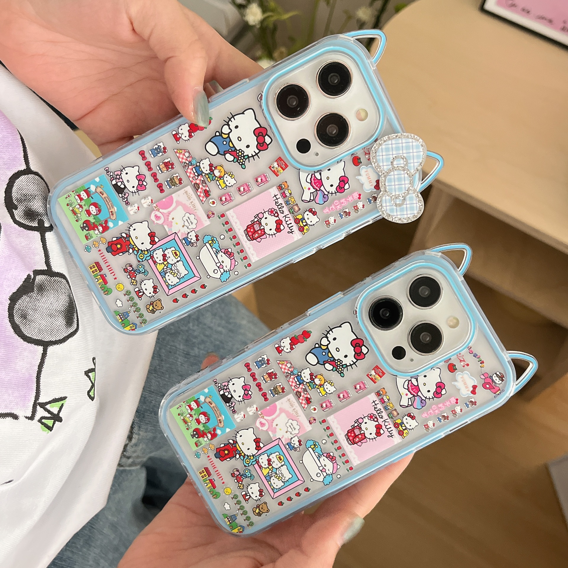 Linda caricatura pantalla completa KT gato ilustración para Apple 16ProMax funda para teléfono móvil 15Pro bowknot 14/13 nuevo