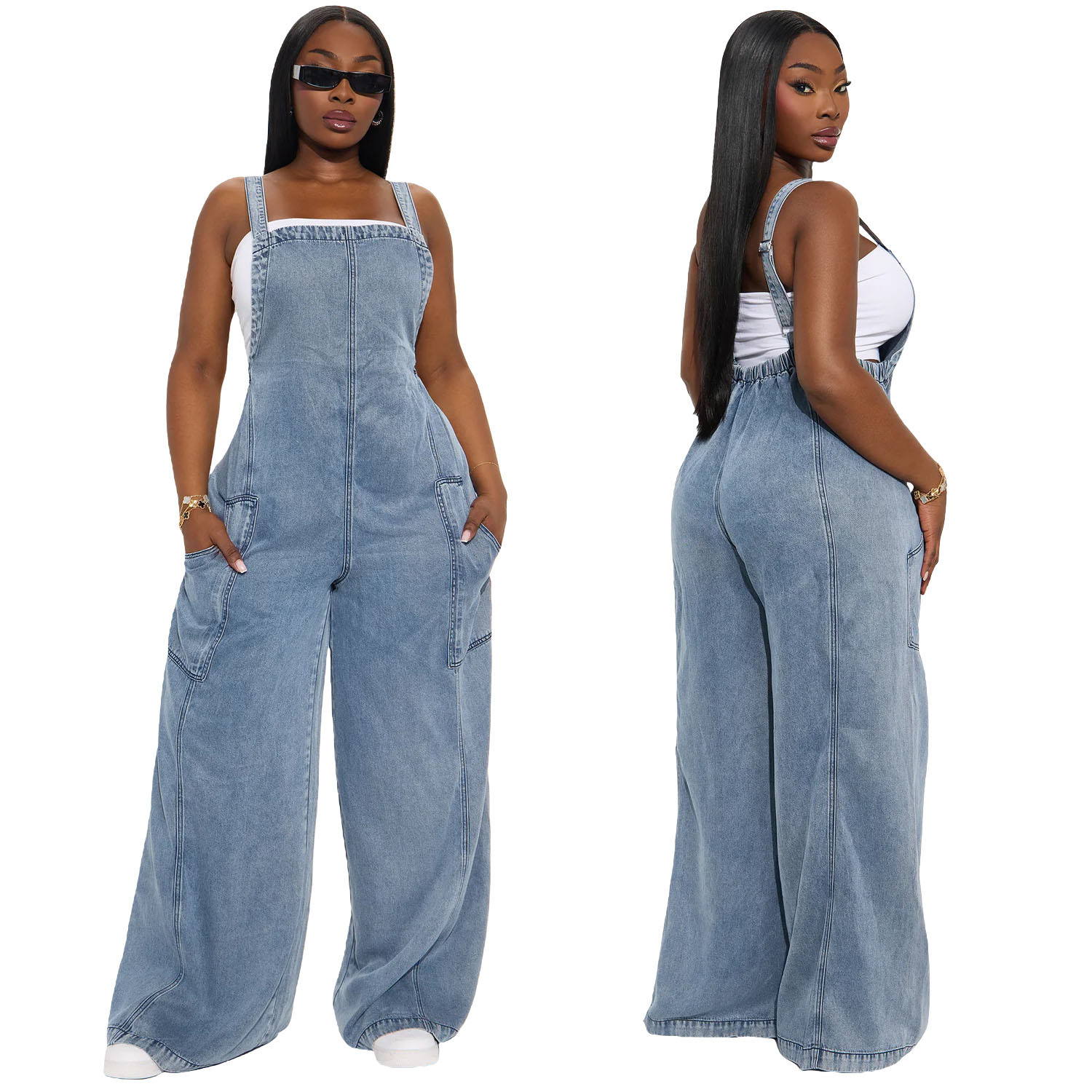 Dam denim jumpsuit med vida ben i amerikansk stil_voghion.com