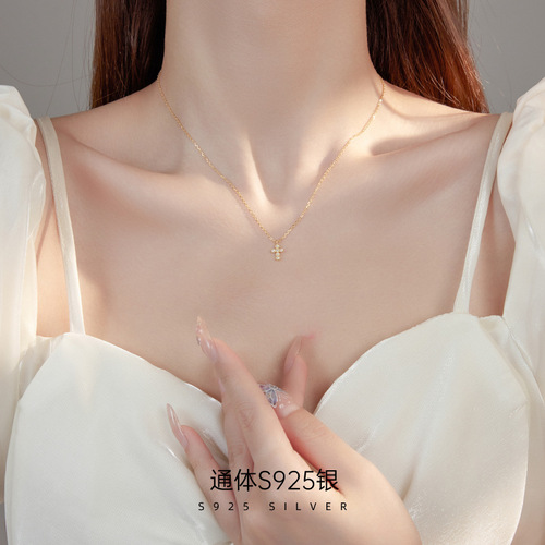 925 Pure Silver Korean Style Diamond Accented Zirconia Cross Necklace for Instagram - Cool and Elegant Choker Necklace, Drop Ship