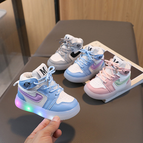 Spring and Autumn children's sneakers high-top girls' mesh casual shoes boys' sports shoes 1-6 years old baby LED light shoes