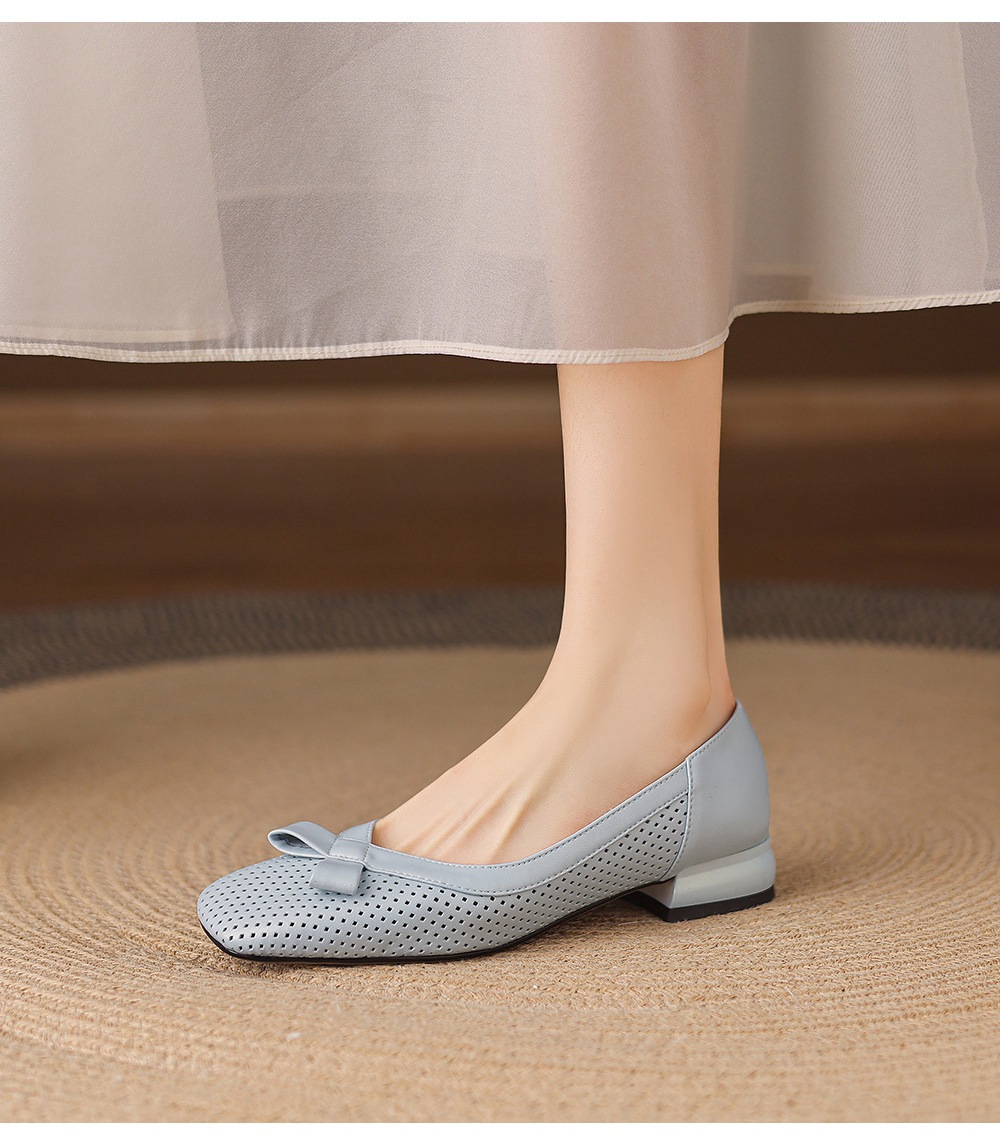 Giày búp bê nữ đầu vuông da dê, gót thấp, nơ bướm, miệng nông, đế mềm — Màu xanh da trời chi tiết 19