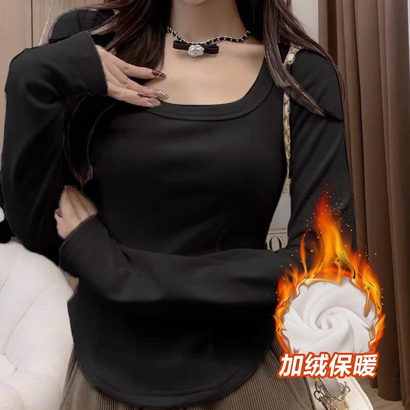 低U领正肩长袖t恤春秋女大码胖mm冬季内搭打底衫百搭修身显瘦上衣|undefined