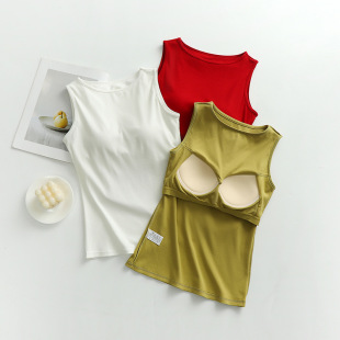 Wide Shoulder Belt Chest Pad Camisole Vest Women's 2025 New Summer Round Neck Wear-Free Bra Base Top