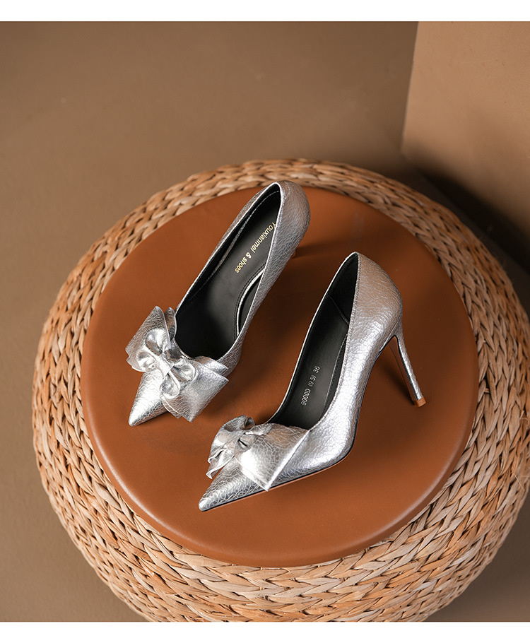 9000D-106 Bowknot Burst Pattern High Heels Stiletto Spitzschuh Einzelne Schuhe für Damen High-End Vielseitige Pendlerkleidung_voghion.com