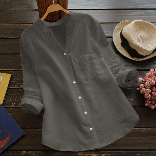 2024 New Spring and Autumn Amazon AliExpress wish Retro Cotton and Linen Shirt Loose Solid Color Casual Shirt
