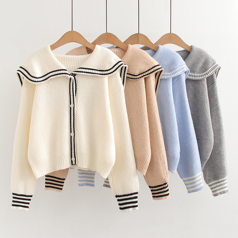 Navy Collar Blue Stripe Short Sleeve Cardigan Knitted Coat 2024 Autumn and Winter New Loose Sweater Slimming Women