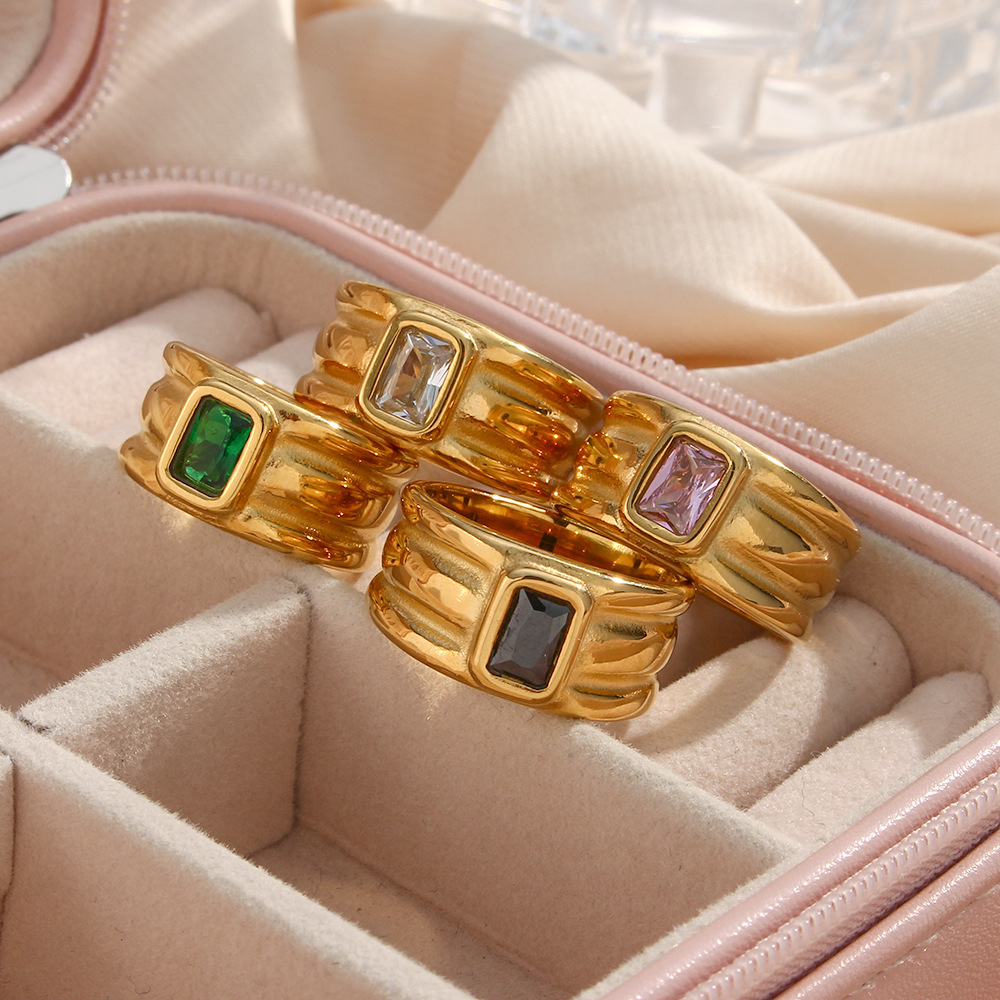 Fashion Rectangle Stainless Steel Rings Plating Zircon Stainless Steel Rings