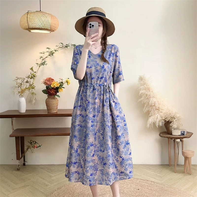 2025 новое платье с длинными рукавами, модное новое платье с цветочным принтом, большой размер, юбка средней длины, закрывающая живот, для похудения