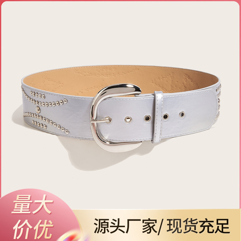 European and American Retro Stylish Sexy Silver Wide Belt Y2K Rivet Leather Punk Style Fashion Belt Girdle for Women