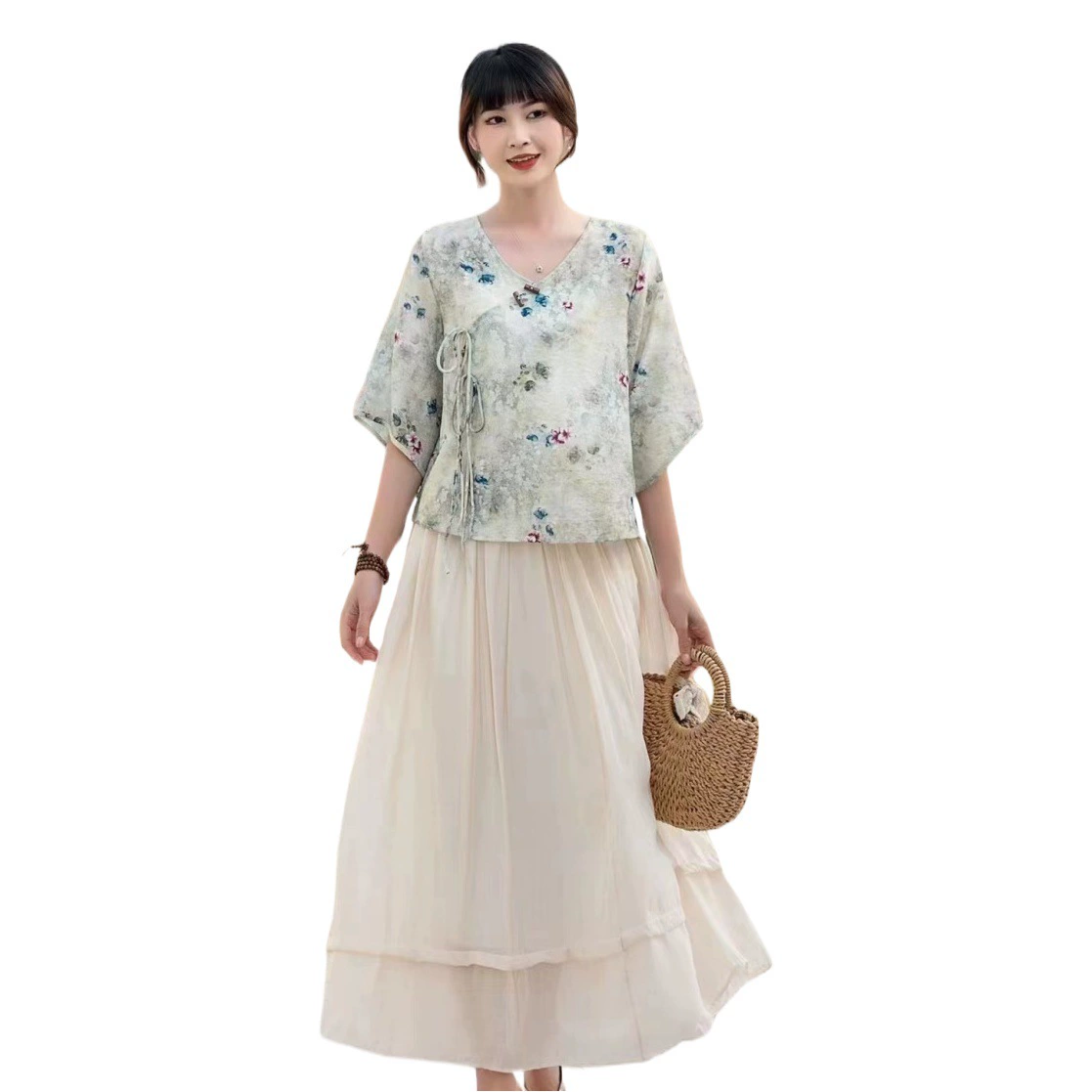 Костюм Hanfu, новинка лета 2024 года, улучшенный хлопковый и льняной костюм с принтом Hanfu, повседневный свободный костюм с юбкой в ​​стиле ретро.
