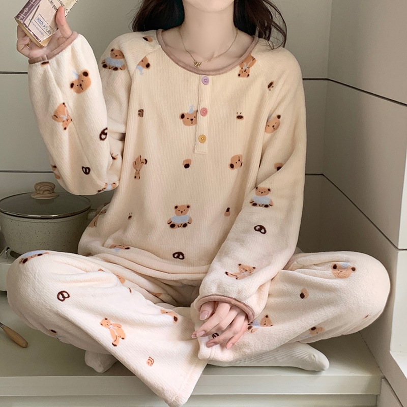 Oh Mida's New Winter Warm Velvet Thickeneded Coral Velvet Warm Pajamas for Women Sweet Printed Flannel Home Clothes