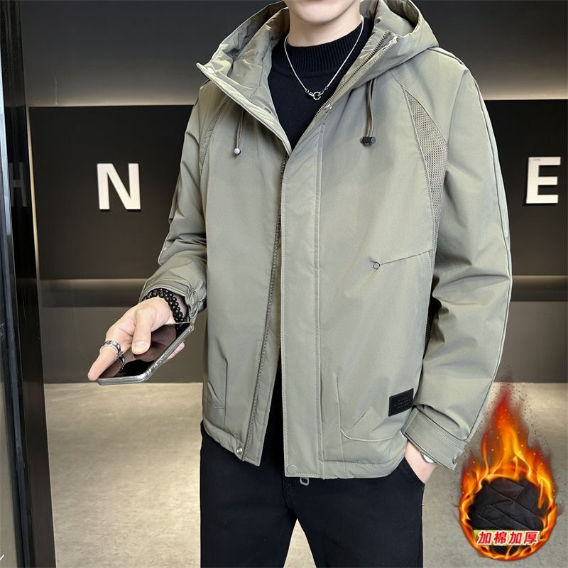 秋冬新款简约夹棉连帽外套男休闲防风冲锋衣加厚潮流百搭青年痞帅