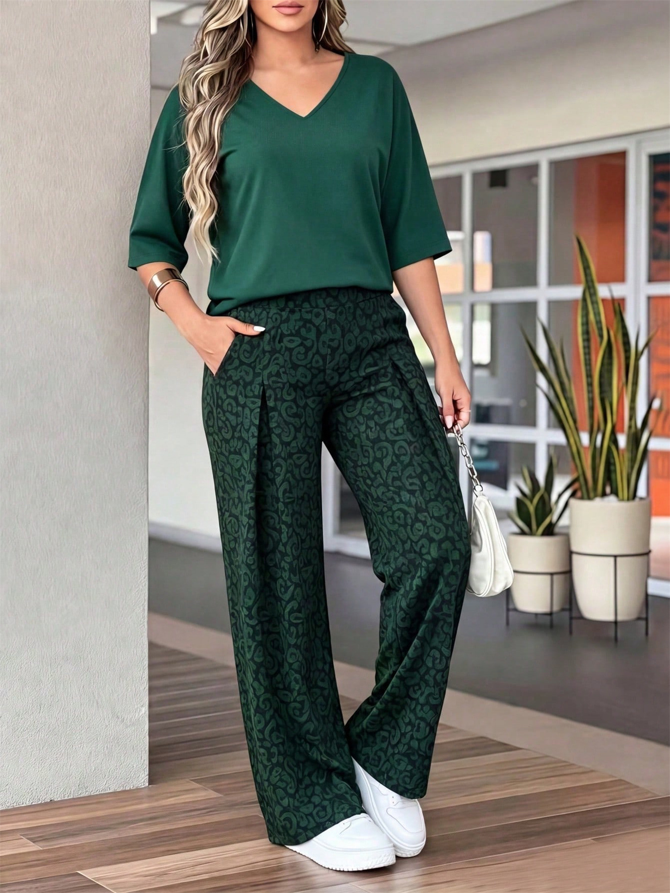 Women's Breathable V-Neck Top And Loose Fit Tropical Print Pants Set Comfortable Knit Two-Piece Outfit for Spring Summer_ecoleips.com