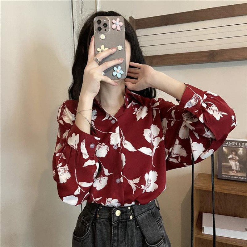 復古印花花朵長袖襯衫碎花寬鬆中長款曬2025秋季港風