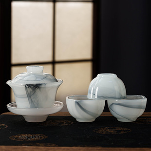Dehua White Jade Glazed Tea Set for Office, Home and Travel Sancai Ceramic Covered Bowl Convenient and Fast Kung Fu Tea Set