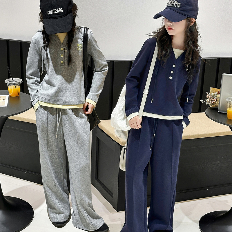 跨境女童套装秋新款2025儿童秋装运动大童时髦假两件卫衣休闲卫裤|undefined