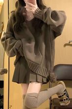 大码秋冬套装森系毛衣学院风韩系少女v领连帽针织衫百褶裙两件套