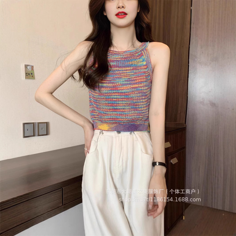 Sweet and Spicy Rainbow Striped Knitted Camisole Women's Top with Internet Popular Sleeveless Short Chic Top