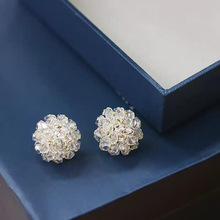 S925银针韩国手工百搭森系圆形水晶花球耳钉网红同款仙气耳饰新款