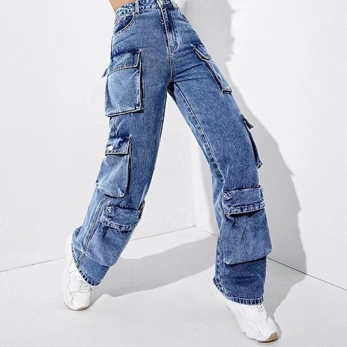 Manufacturer Direct  Women's Jeans Work Pants High-Waisted Flap Pocket Pants Loose Fit Pants Casual Versatile