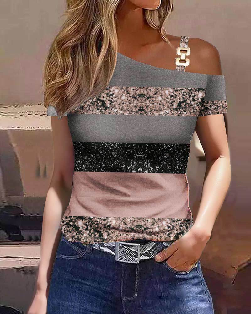 2023 estación independiente deseo Amazon popular verano simple manga corta hebilla de metal impreso camiseta superior ropa de mujer image 9