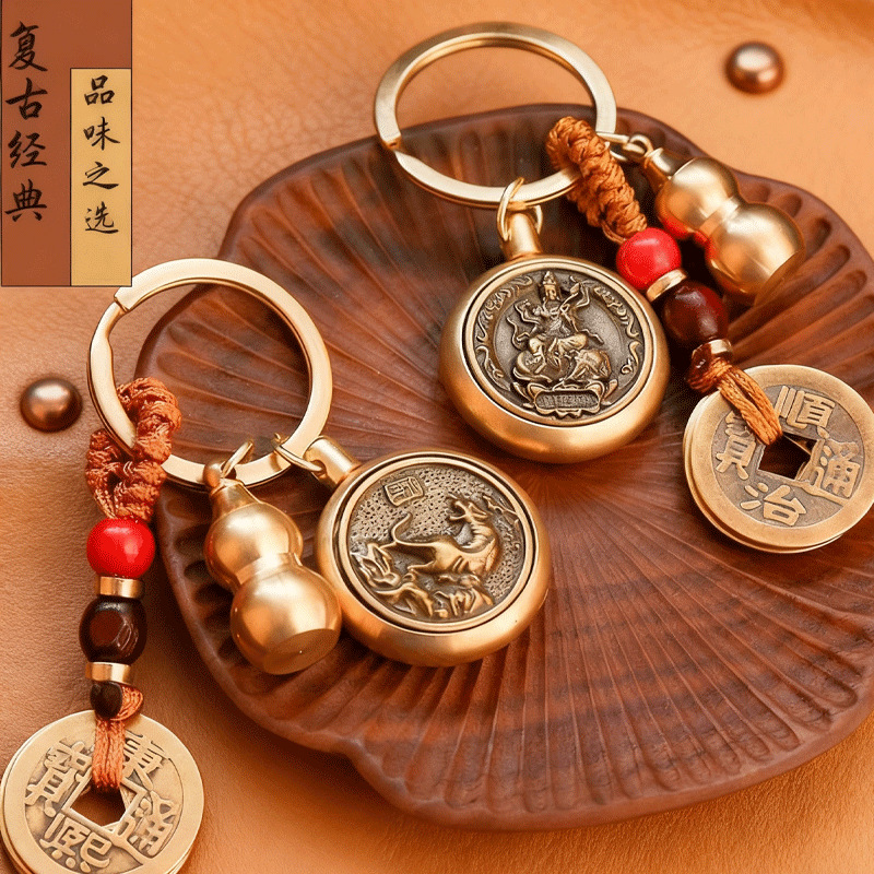 厂家批发十二生肖一面守护神转转解压挂件五帝钱朱红色砂空心葫芦