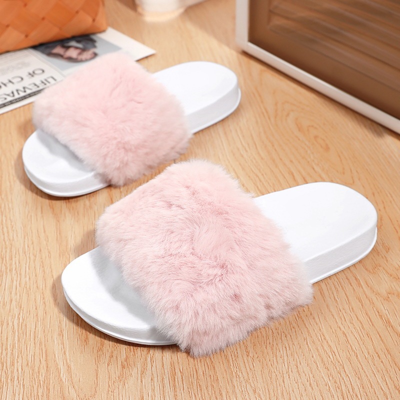 Factory Direct Sales 2023 New Girls Flats Cotton Slippers Artificial Rabbit Fur Fluffy and Comfortable Plush Winter Women's Shoes