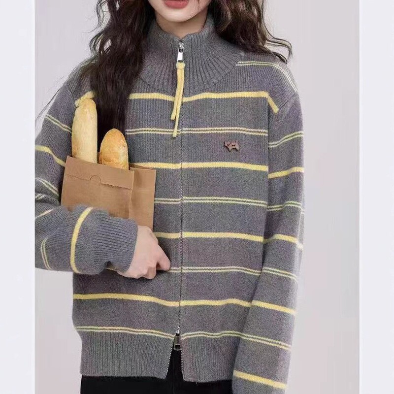 Cross-Border European and American Autumn and Winter New Style High-Neck Striped Sweater Jacket for Women, Loose Casual Style, Long-Sleeved Knitted Cardigan Cross-Border European and American Autumn and Winter New Style High-Neck Striped Sweater Jacket for Women, Loose Casual Style, Long-Sleeved Knitted Cardigan