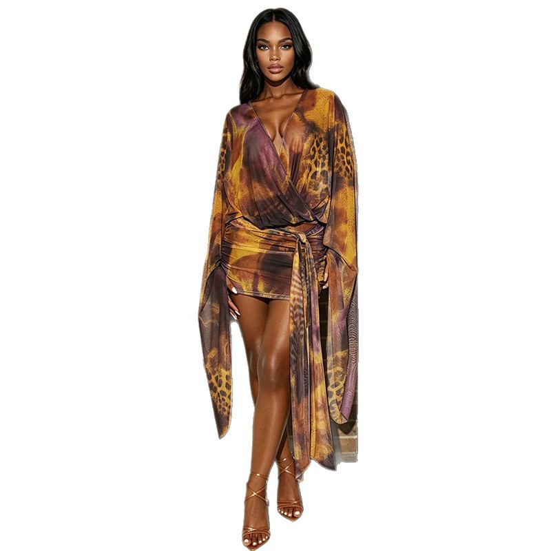 Comercio exterior ropa de mujer 2026 verano nuevo cuello en V profundo impresión de malla delgada sexy vestido de cadera image 5