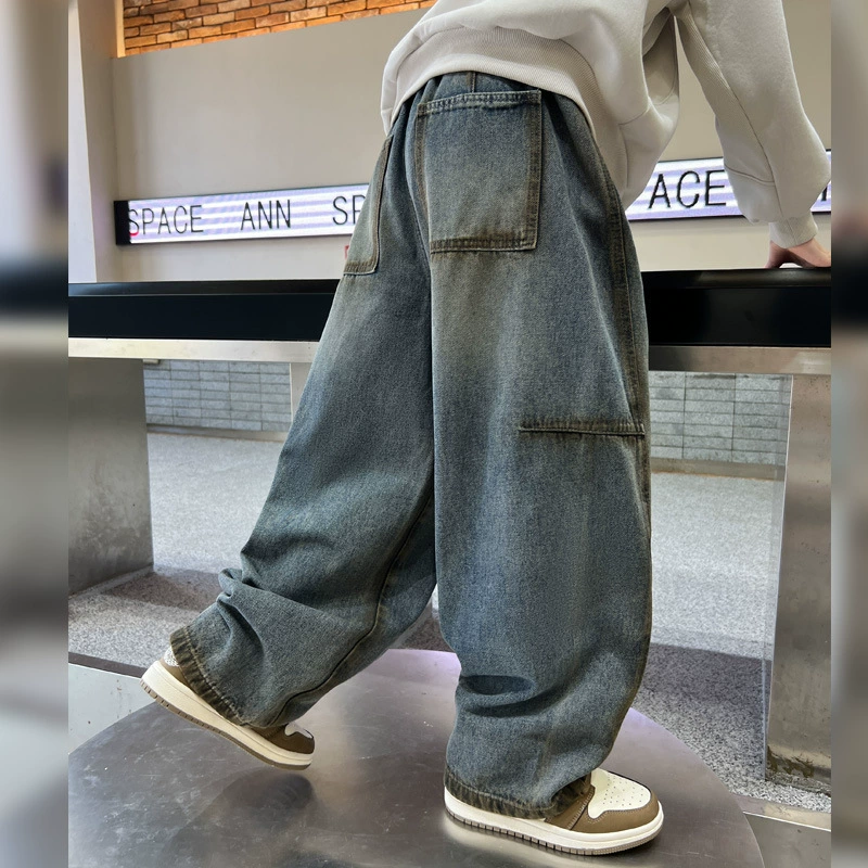 Детские джинсы для мальчиков, casual брюки в стиле хип-хоп, корейский стиль, свободный крой