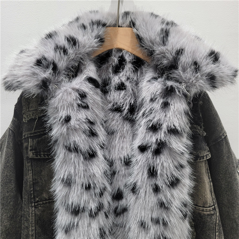 Jeans estampado de leopardo abrigo de algodón de cuello de piel mujer agujero suelto empalme chaqueta corta de algodón grueso calentamiento