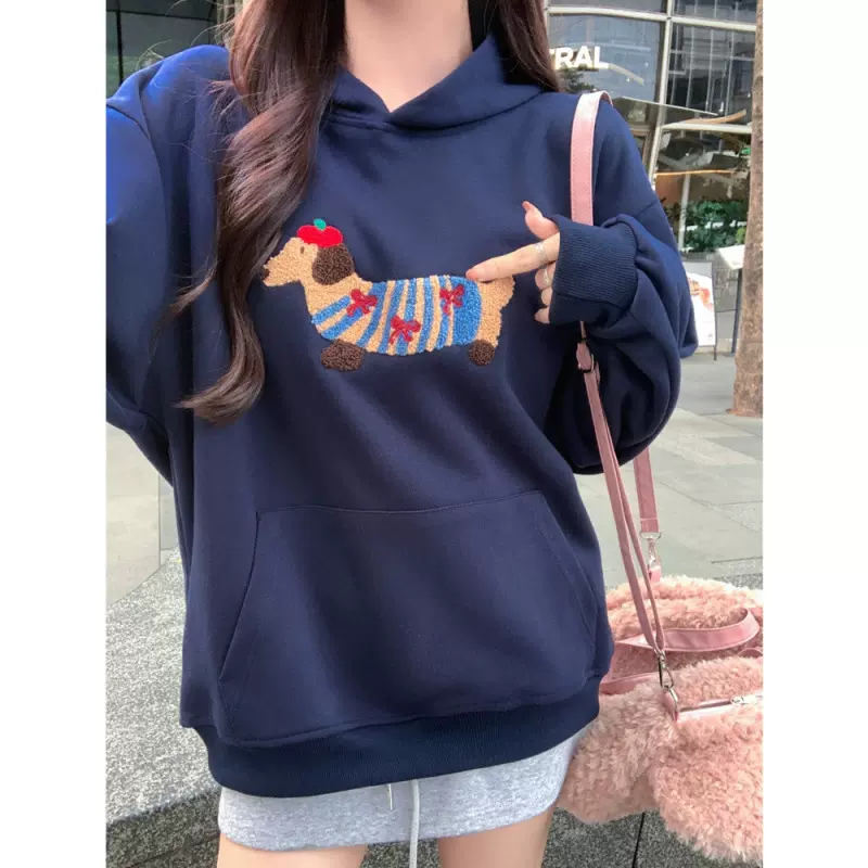 卫衣女秋冬装甜美校园风刺绣腊肠小狗宽松上衣女卫衣秋季外套女装