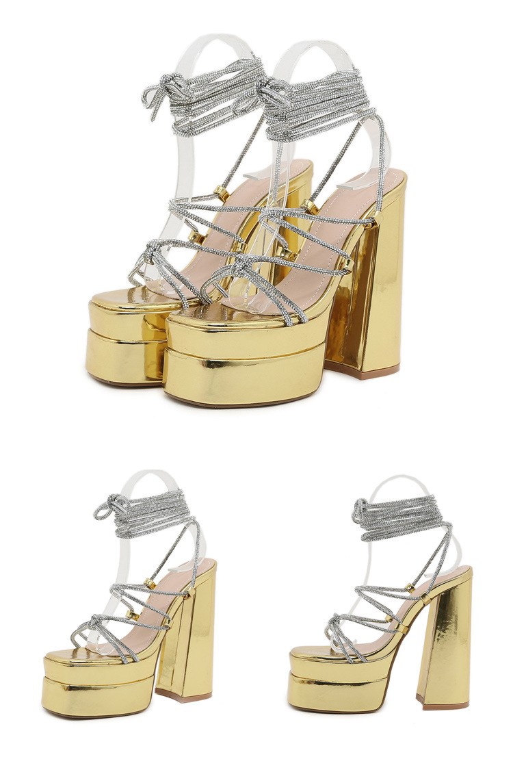 Dép sandal cao gót La Mã đính đá Rhinestone, quai dây buộc cỡ lớn — Màu đen chi tiết 21