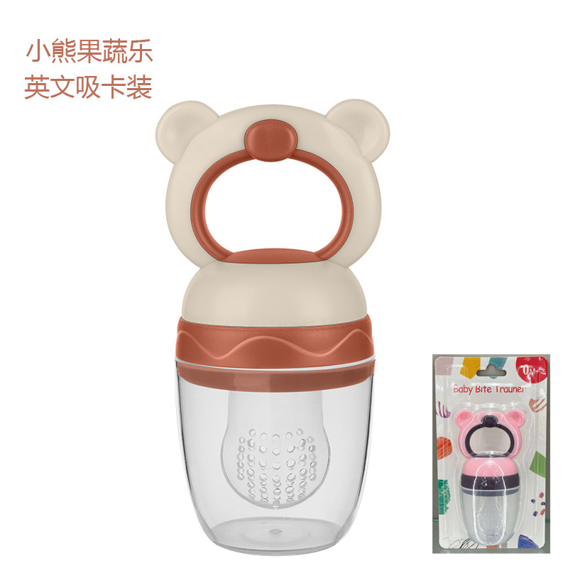 Inglés tarjeta de bebé mordida le fruta y verduras le niños bolsas de malla de grado alimenticio de silicona tetas osos modelado bebé