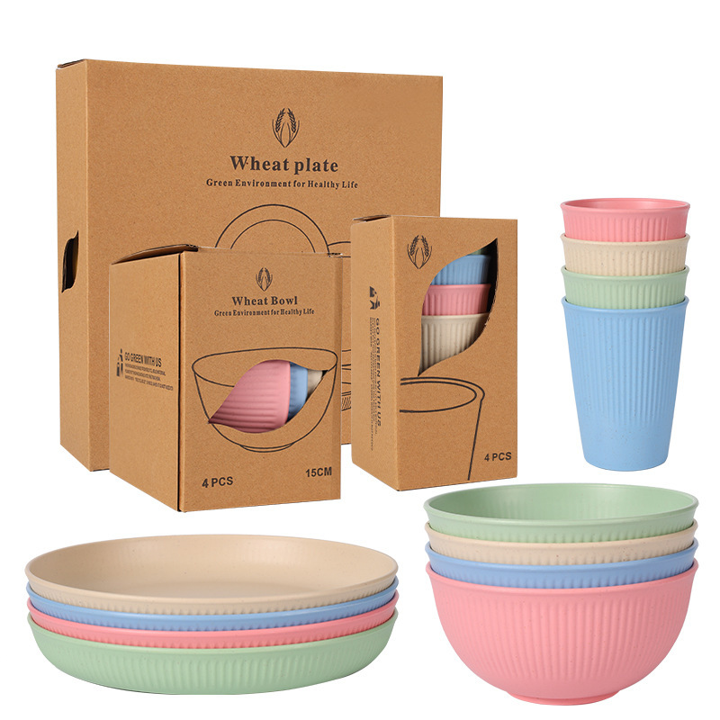Amazon Wheat Straw Bowl Cup 6 Pack Household Drop-resistant Dish Plate 6 Inch Salad Nink Bowl Cup suit