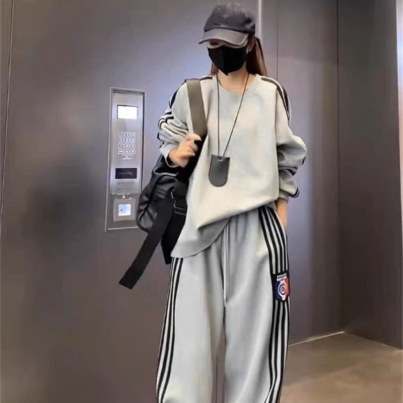 Early Spring Fashionable Street-Style Sportswear Set for Women, Spring and Autumn Loose Slimming Sweatshirt and Wide-Leg Pants Casual Two-Piece Running Outfit