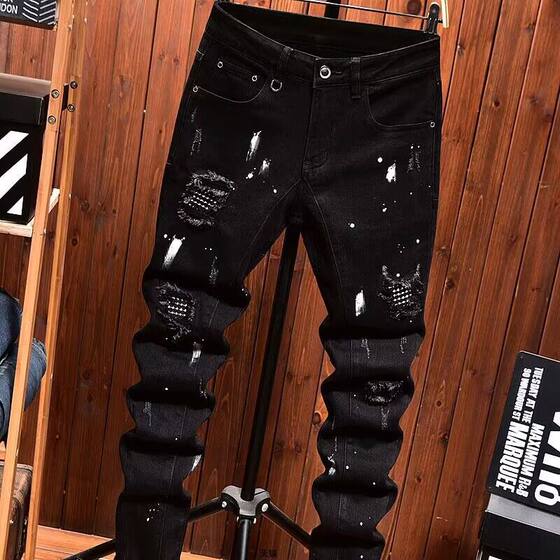 European Light Luxury Trendy Brand Scraped Ripped Jeans Men's Autumn and Winter Patch Slim-fit Young Men's Small Foot Trousers