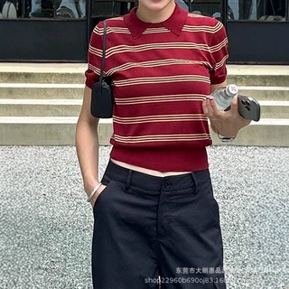 夏季新款复古Polo领条纹短袖针织衫女时尚洋气简约小个子短款上衣