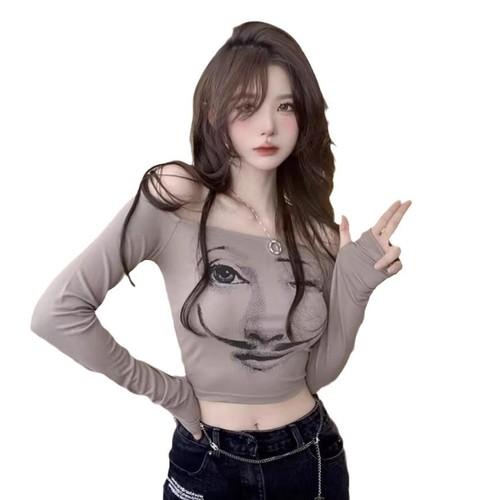 Pure Desire Sweet and Spicy Sexy One-shoulder Strappy Printed Long-sleeved Top Women Autumn/Winter Base Layer Shirt Women's T-shirt Trendy