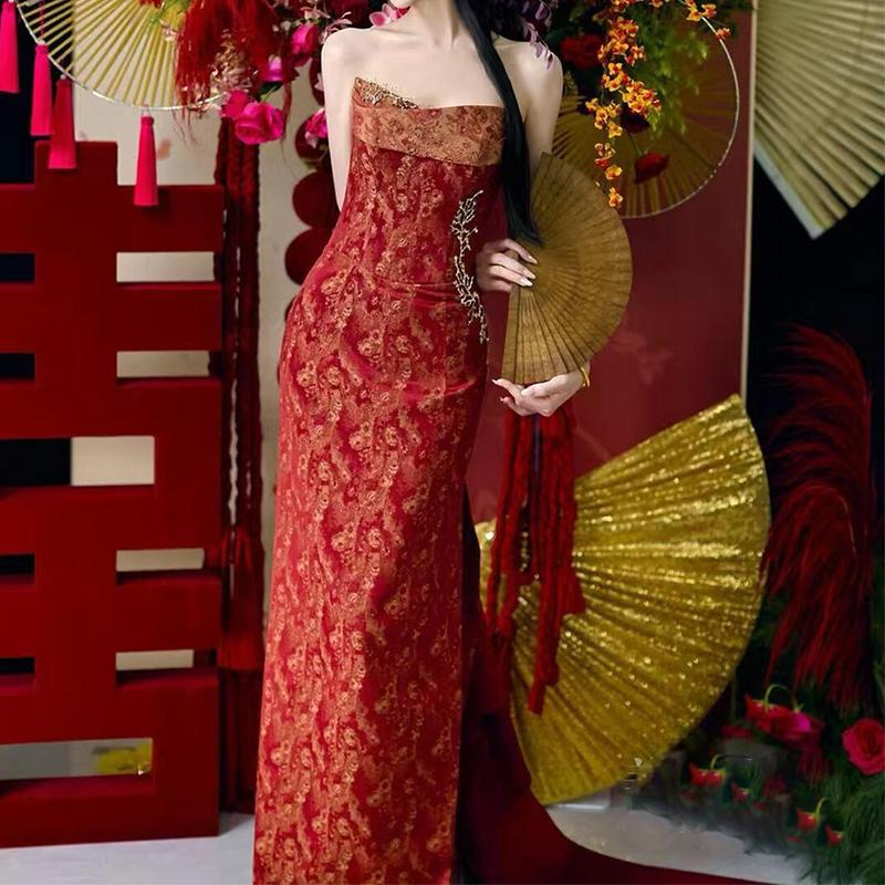 Morning Dress Bride Red Toasting Dress New Chinese Banquet Strapless Retro Elegant Long Morning Gown Engagement Dress