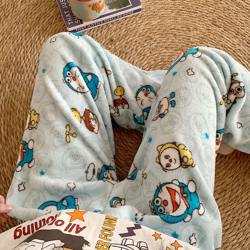Pantalones de pijama de franela de dibujos animados de otoño y invierno para mujeres con pantalones de lana de coral caliente para estudiantes de lana de invierno para el hogar