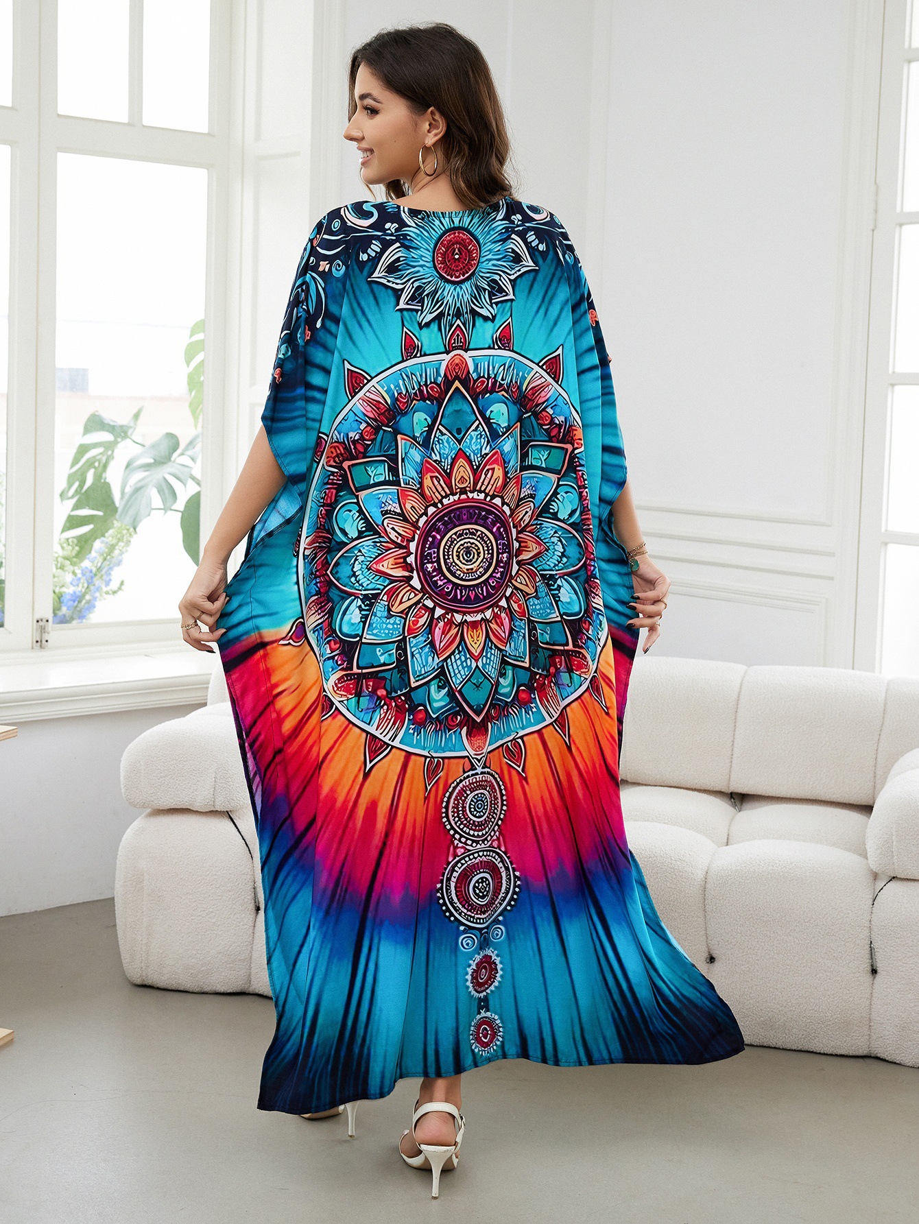 Rochie de plajă lungă kimono dama boho viscoză tie-dye_voghion.com