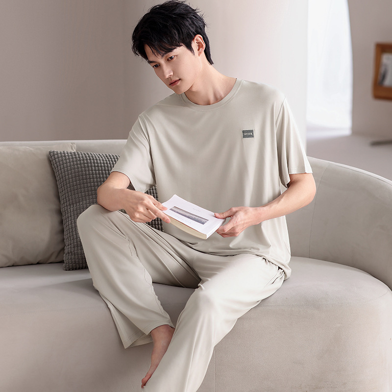 男性用パジャマ夏の新しいモーダル半袖ズボン 2 点セットティーンエイジャー薄型スタイルは家の服の外で着用できます大きいサイズ|undefined