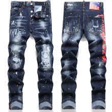 跨境供应DSQ外贸修身弹力街潮破洞印花印染油漆喷墨青年男式牛仔