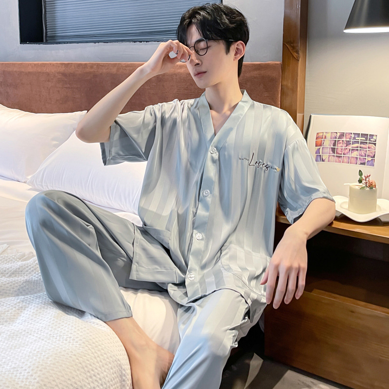 Pajamas Men's Summer Ice Silk Short-sleeved Trousers Home Clothes Men's Summer Summer Thin Silk Teenager Suit
